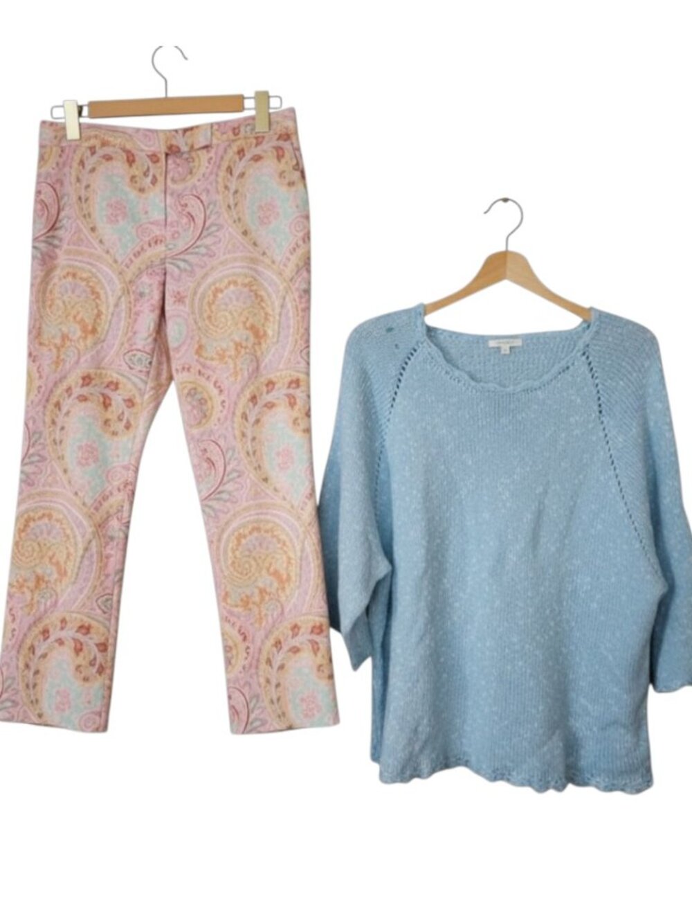Bush Wackers Pastel Paisley Stretch Pants Sz 8 & Blue Cotton Sweater Medium